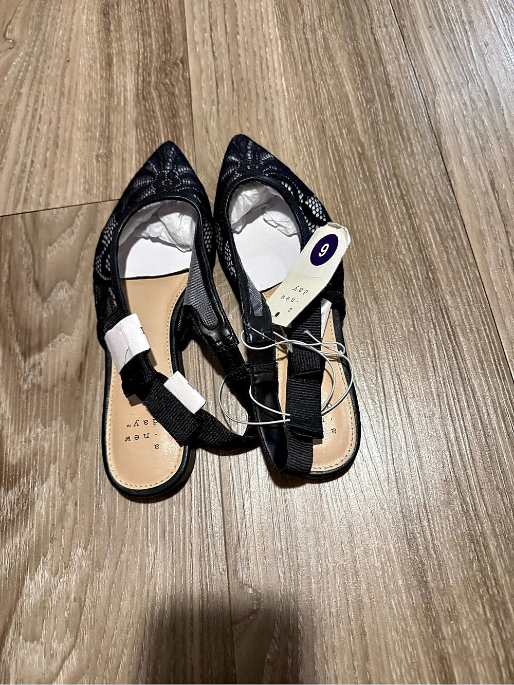 A New Day London Lace Sling Back Bow Flats Black